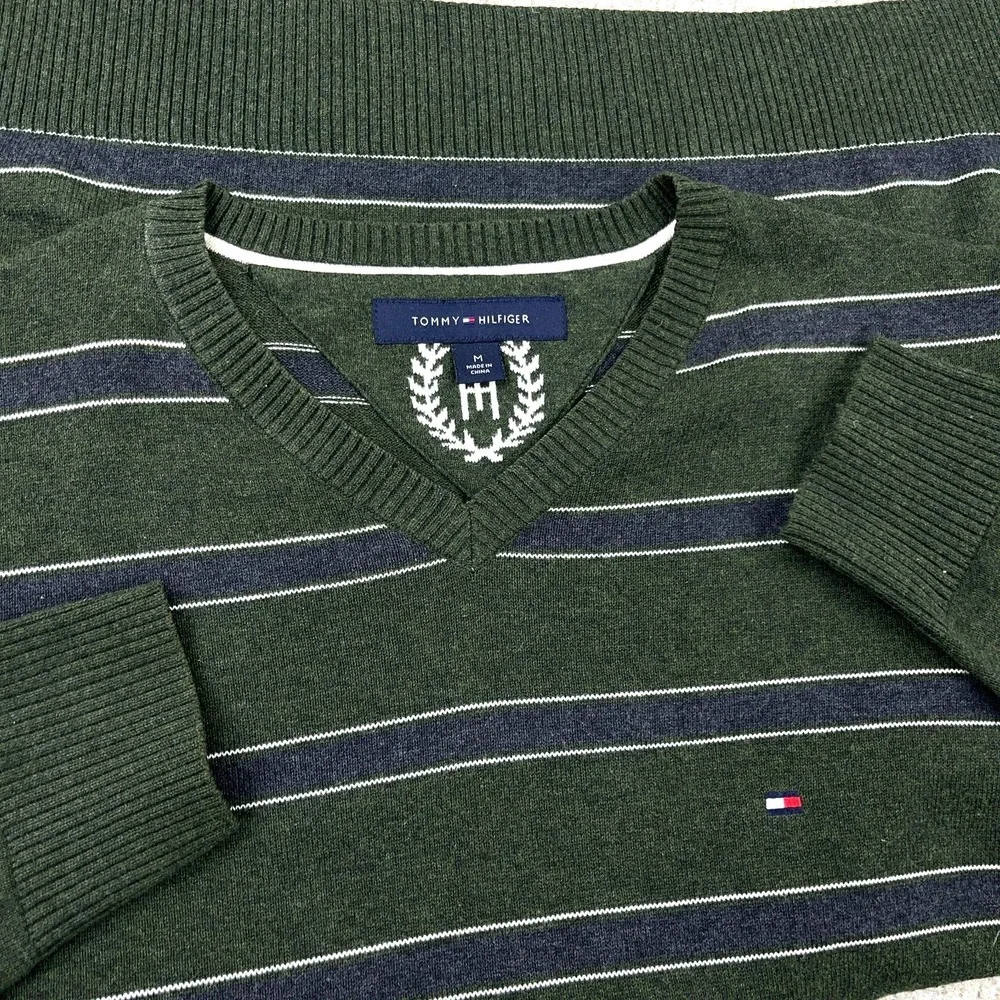 Tommy‎ Hilfiger Sweater Men Medium Olive Green Striped V Neck Lightweight Golf